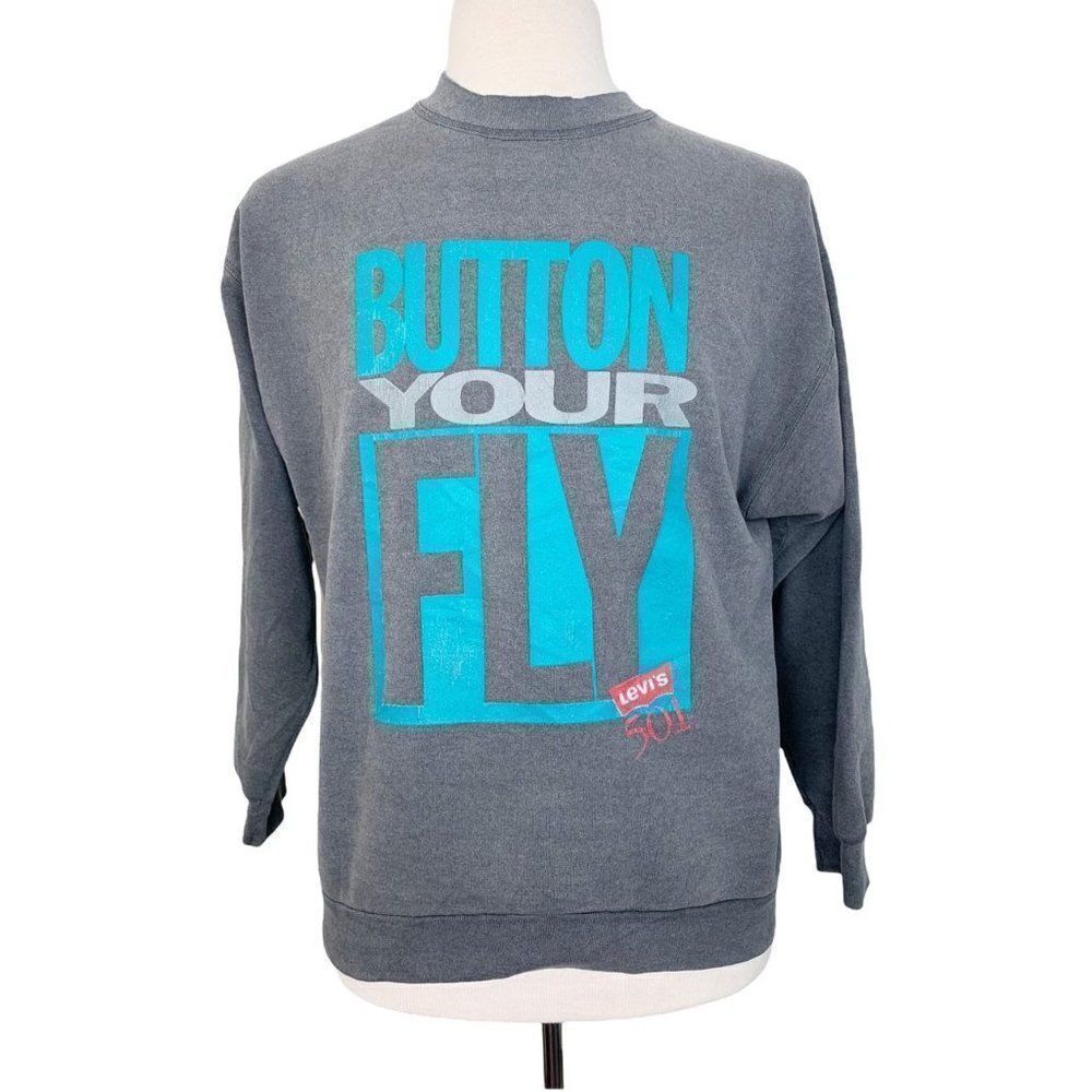 Vintage 80s Levi's Sweatshirt Medium Button Your Fly Grey